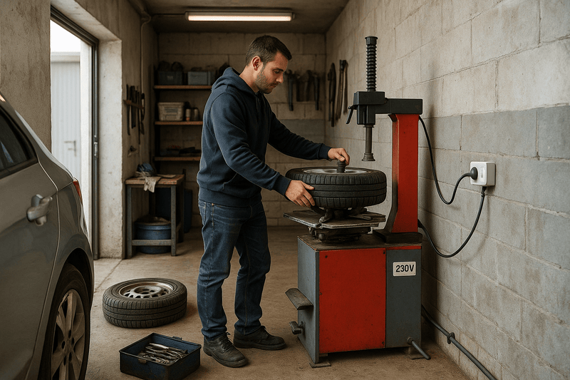 Szenario: Reifenmontiermaschine für kleine Werkstatt – kompakt & 230 V-kompatibel